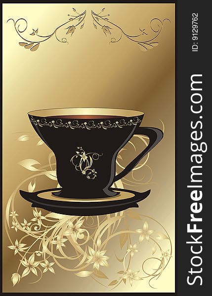 Cup with coffee. Decorative floral wrapping. Vector illustration