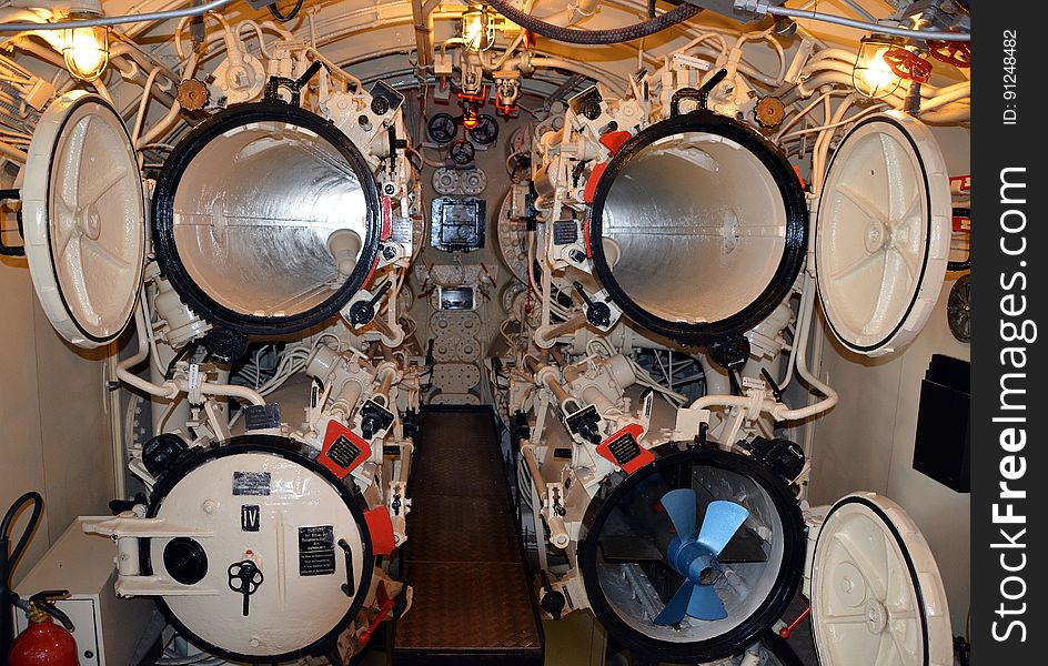 Inside engine room with open tubes.