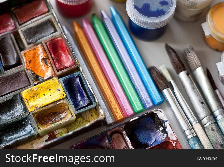 Items for drawing and art: watercolor paint, brushes, colored pencils.