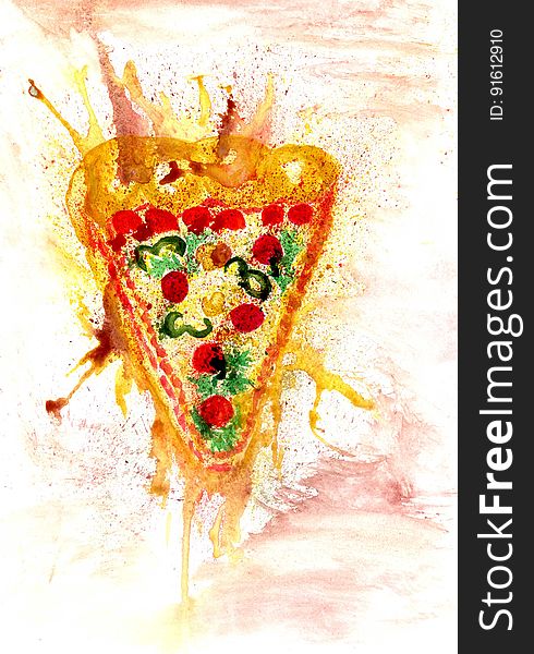 Delicious italian pizza hand drawn watercolor illustration. Delicious italian pizza hand drawn watercolor illustration.