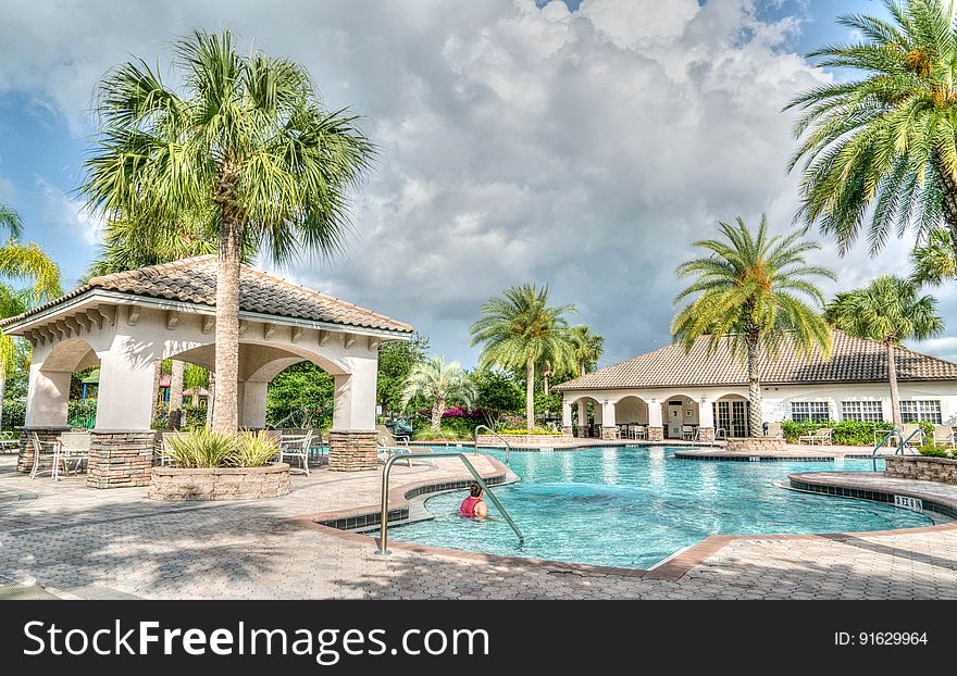 Outdoor resort swimming pool with palm trees on cloudy day.