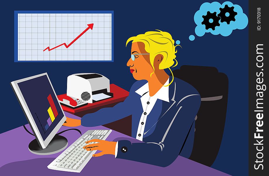 Vector illustration of a young women with computer. Vector illustration of a young women with computer