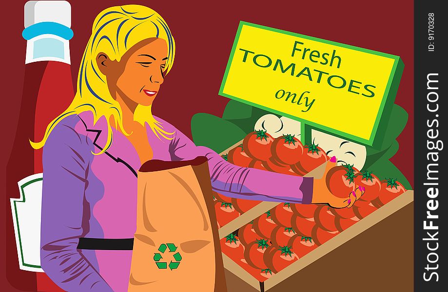 Vector illustration of a young women at the shop, holding a tomato, and with a bottle of ketchup in background of the image