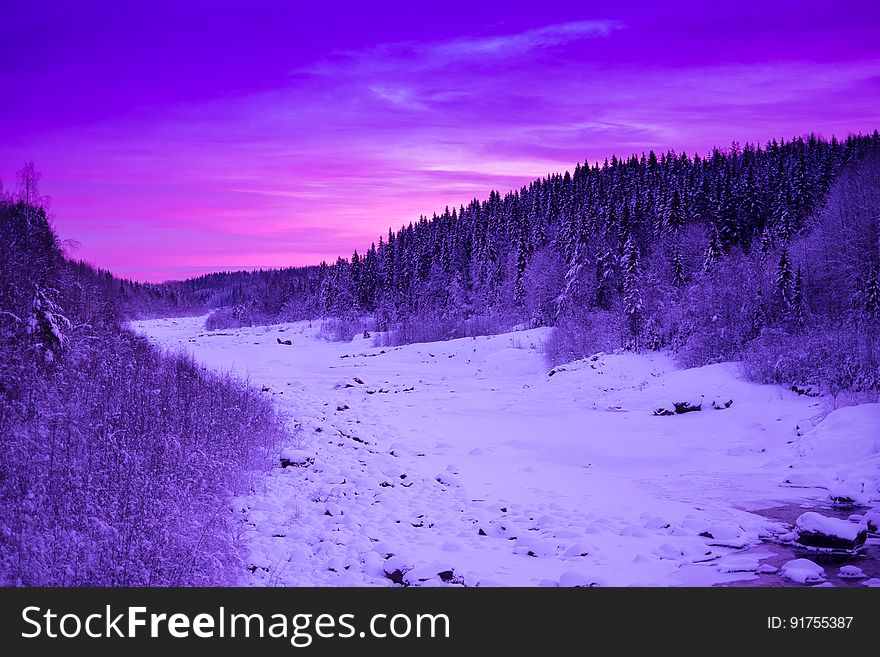 Frozen River Under Purple Sky