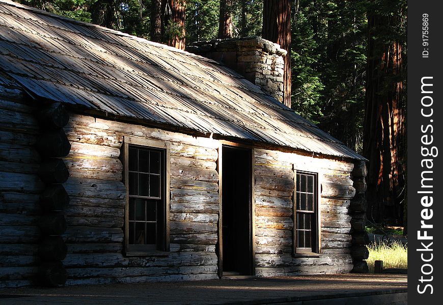 log cabin in redwoods