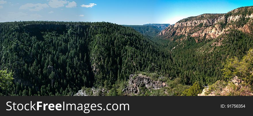 Oak Creek Canyon is a gorge carved into the edge of the Mogollon Rim of the Colorado Plateau along the Oak Creek Fault. Tectonic forces shifting the land to either side of the fault and subsequent erosion by Oak Creek have created a spectacular canyon where the geologic history of this area is an open book. The Canyon is approximately 12 miles long. Oak Creek flows year-round along the bottom of the Canyon, providing water for plants and wildlife, as well as fishing and swimming opportunities. Oak Creek continues on through Sedona, Arizona, meeting up with the Verde River southeast of Cottonwood, Arizona. The depth of the Canyon ranges from 800 to 2000 feet, with trails providing access from the Canyon’s bottom up to the 6500-foot eastern rim and 7200-foot western rim. Some of these trails follow historic routes early Oak Creek Canyon settlers used to access the top of the plateau in the days before the road was built. Trails on the west side of the Canyon head into Red Rock-Secret Mountain Wilderness. Multi-photo panorama by Deborah Lee Soltesz, June 12, 2015. Credit U.S. Forest Service Coconino National Forest. Learn more about Oak Creek Canyon and the Coconino National Forest.