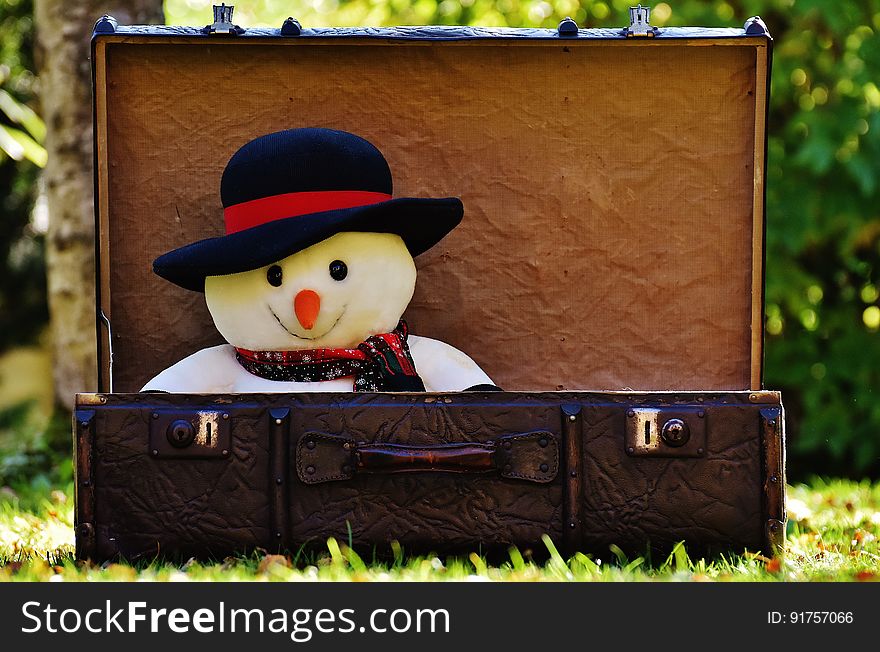 An old suitcase with a snowman plush toy inside it. An old suitcase with a snowman plush toy inside it.