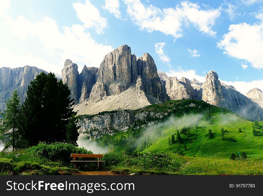 A view of the Sella group massif in the Dolomites mountains of northern Italy.