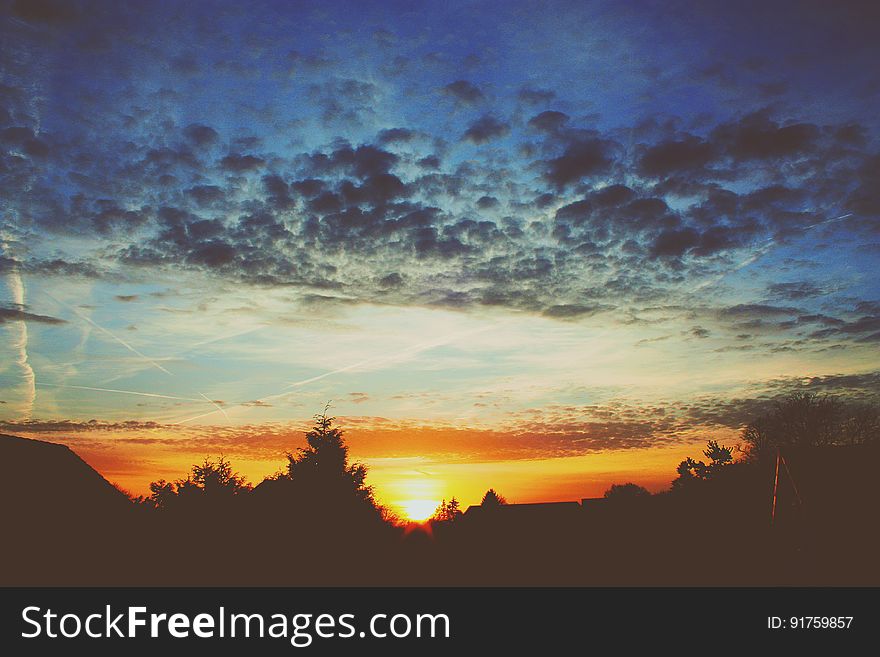 Scenic view of dramatic orange countryside sunset with silhouetted trees.