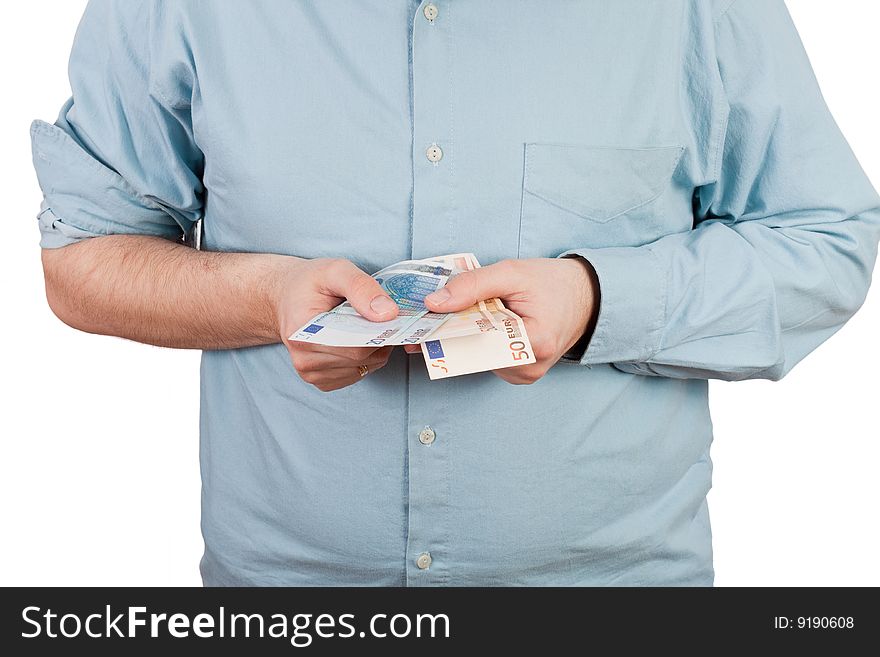 Man counting money in his hands, only torso visible