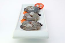 Chinese Food - Gourmet Raw Sushi King Tiger Prawns On White Royalty Free Stock Photography