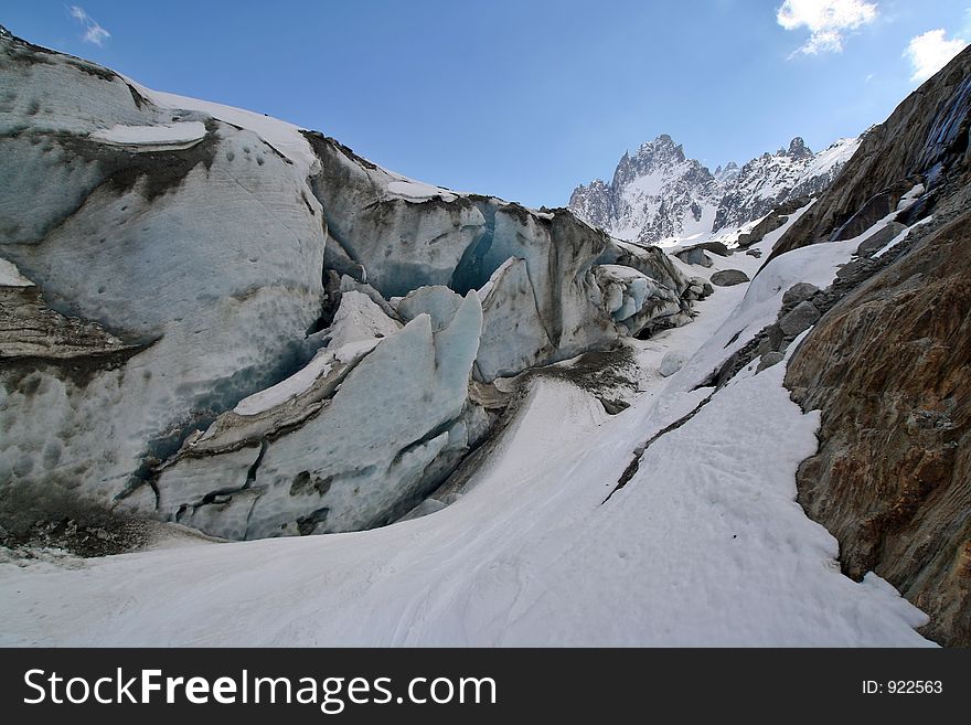 The Mer de Glace with alpine peak in the bacground. The Mer de Glace with alpine peak in the bacground