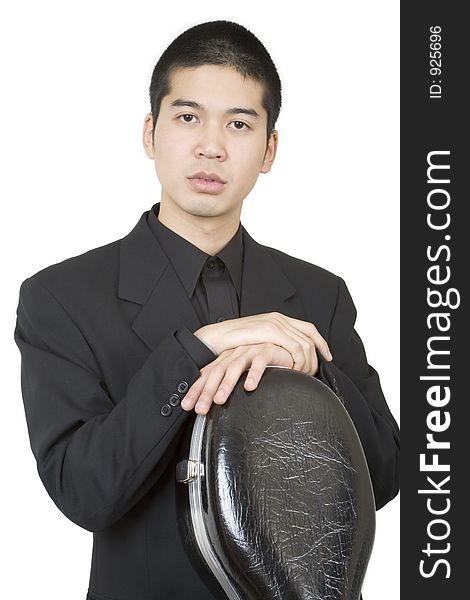 Young asian male 9, holding a cello case