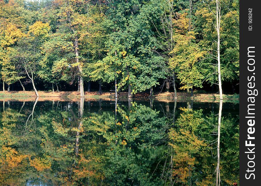 Autumn in Park with a lake with reflection of trees in water