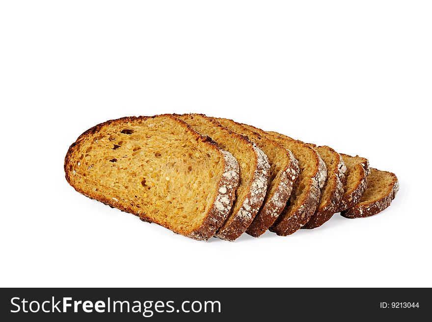 Seven slices of bread on isolated background