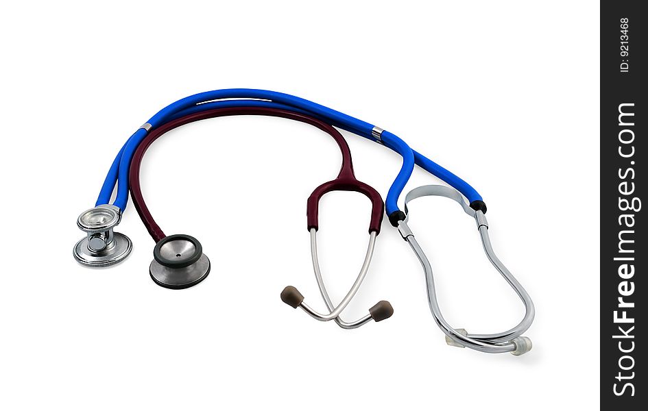 Two stethoscopes, blue and lack on isolated background. Two stethoscopes, blue and lack on isolated background