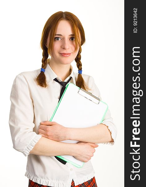 Cute girl with a worksheet on white background. Cute girl with a worksheet on white background