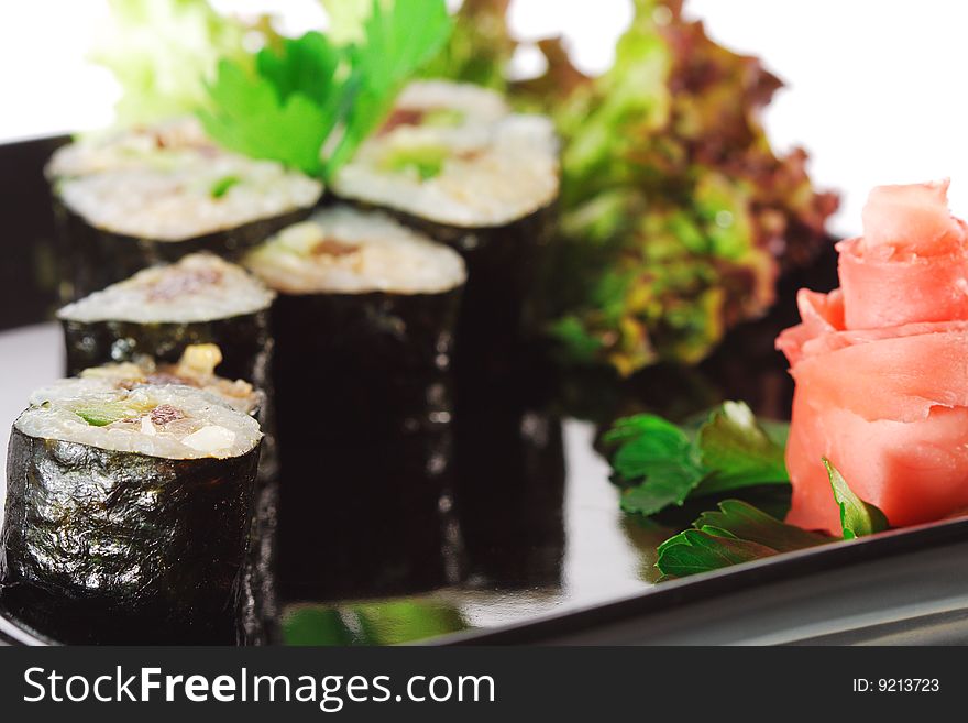 Japanese Cuisine - Sushi with Salad Leaf and Parsley