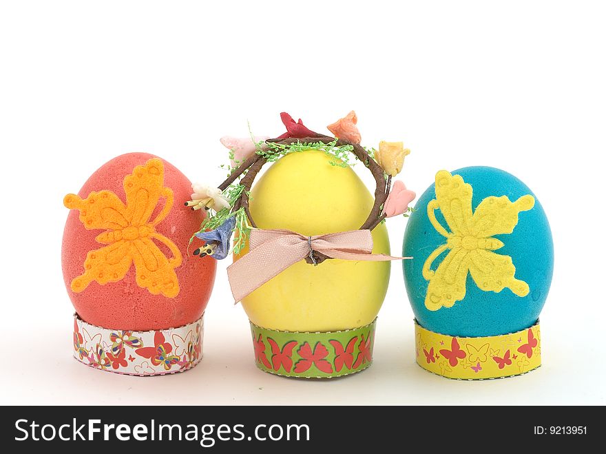 Easter eggs on white background. Selective focus