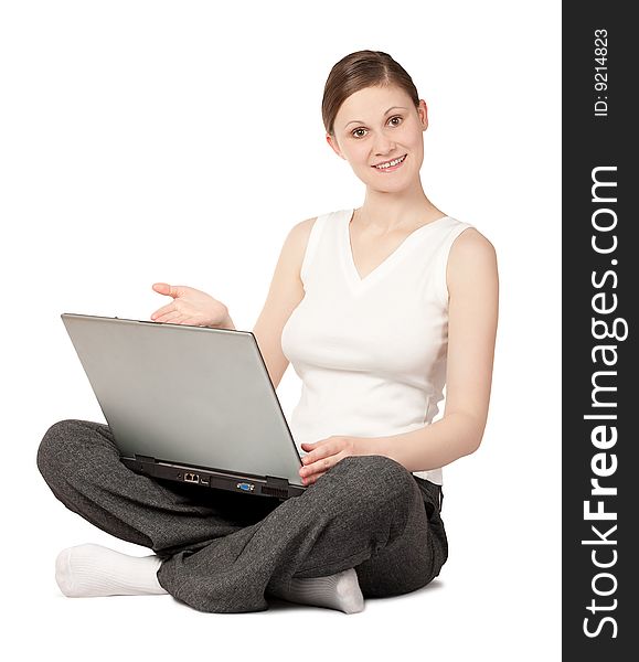 Islated smiling woman with laptop