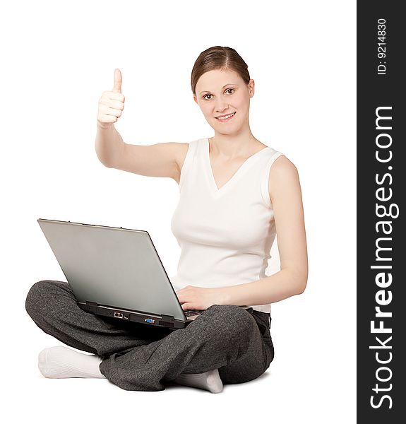 Isolated joyful woman with laptop