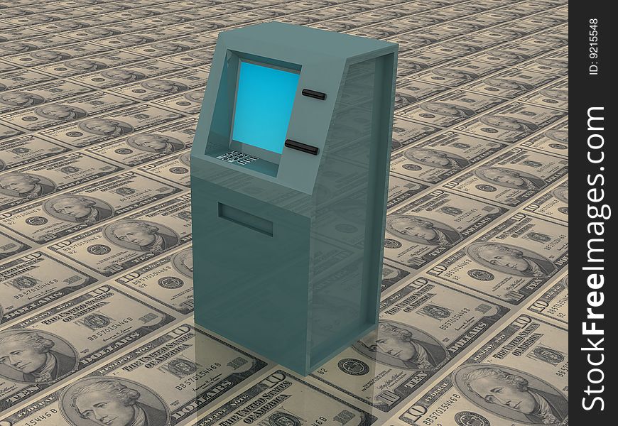 3d render of atm machine on money.