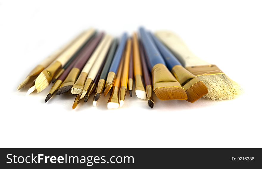 Collection of Different Sized Paintbrushes - Front on. White Background.
