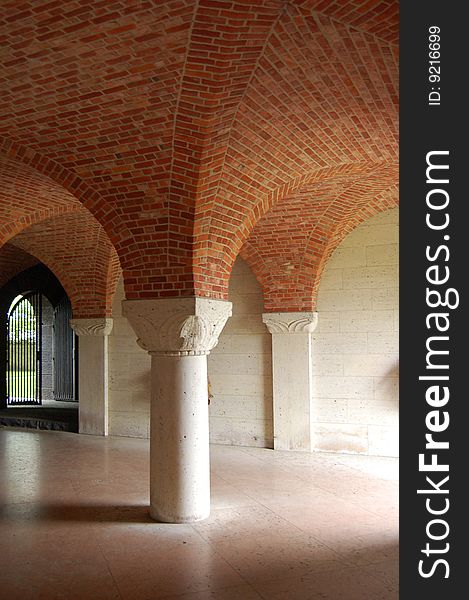 Inside the building of a military graveyard.