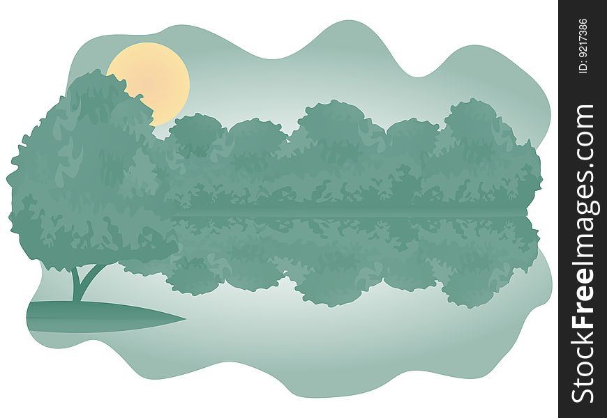 Wonderful illustration of forest lake with bushes on the bank and the single tree on the island. Wonderful illustration of forest lake with bushes on the bank and the single tree on the island.
