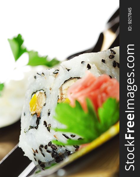 Japanese Cuisine - Sushi with Salad Leaf and Parsley