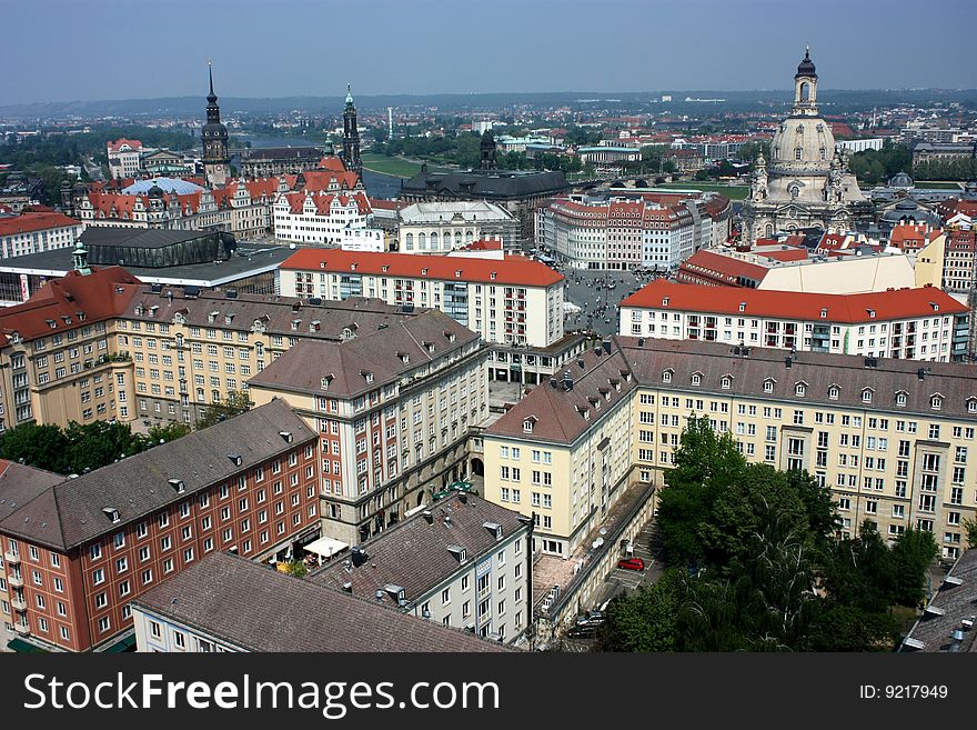Dresden panorama seen from city hall tower including moments such as Church of Our lady (Frauenkirche) or Cathedral