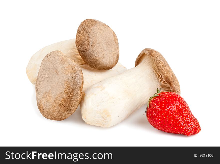 King oyster mushrooms with strawberry, isolated on white background with shadow