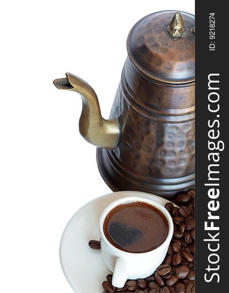 Old brass coffeepot near small cup of black coffee isolated on white background with clipping path. Old brass coffeepot near small cup of black coffee isolated on white background with clipping path