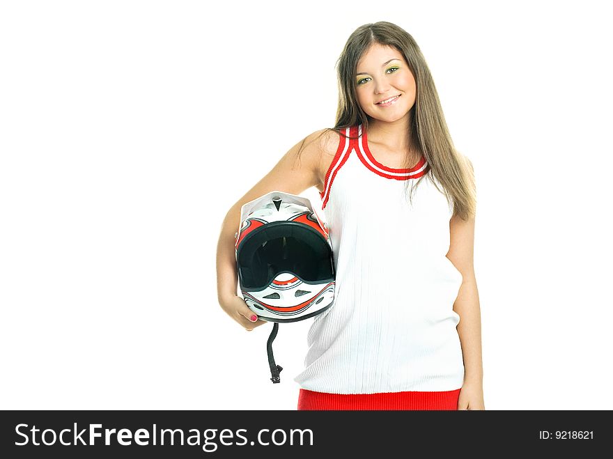 Pretty young woman holding a motorcycle helmet, isolated against white background