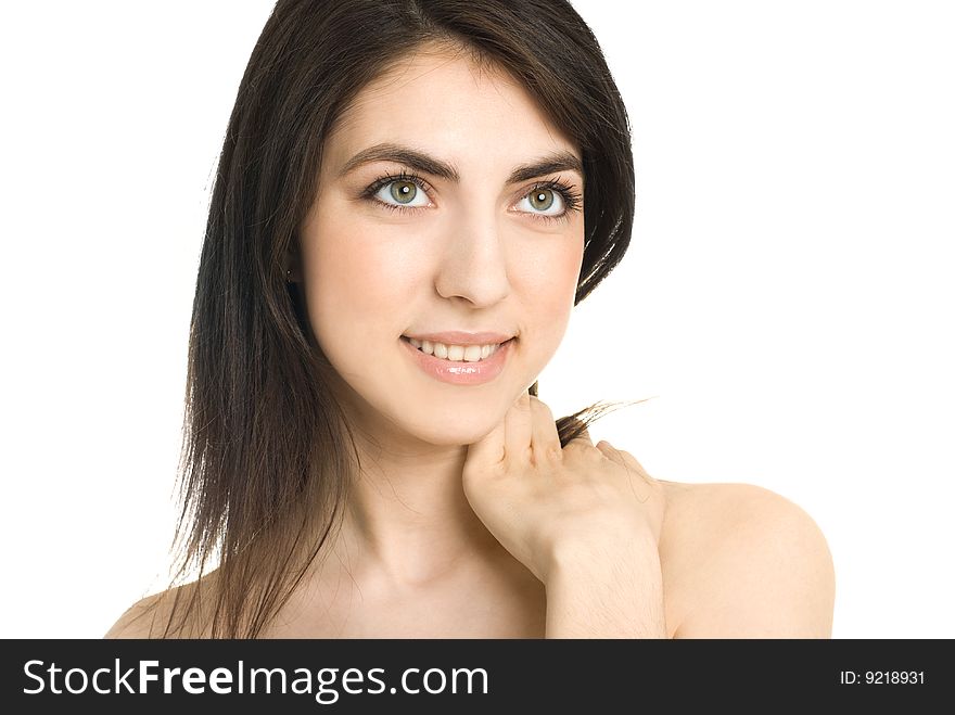 Portrait of a beautiful happy brunette girl against white background. Portrait of a beautiful happy brunette girl against white background