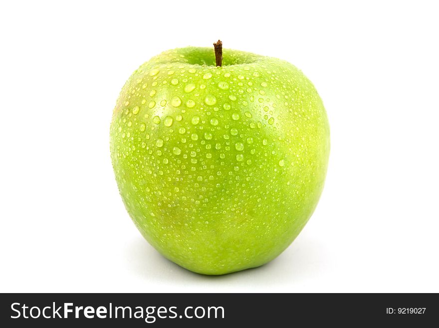 Green apple with drop water isolated on white