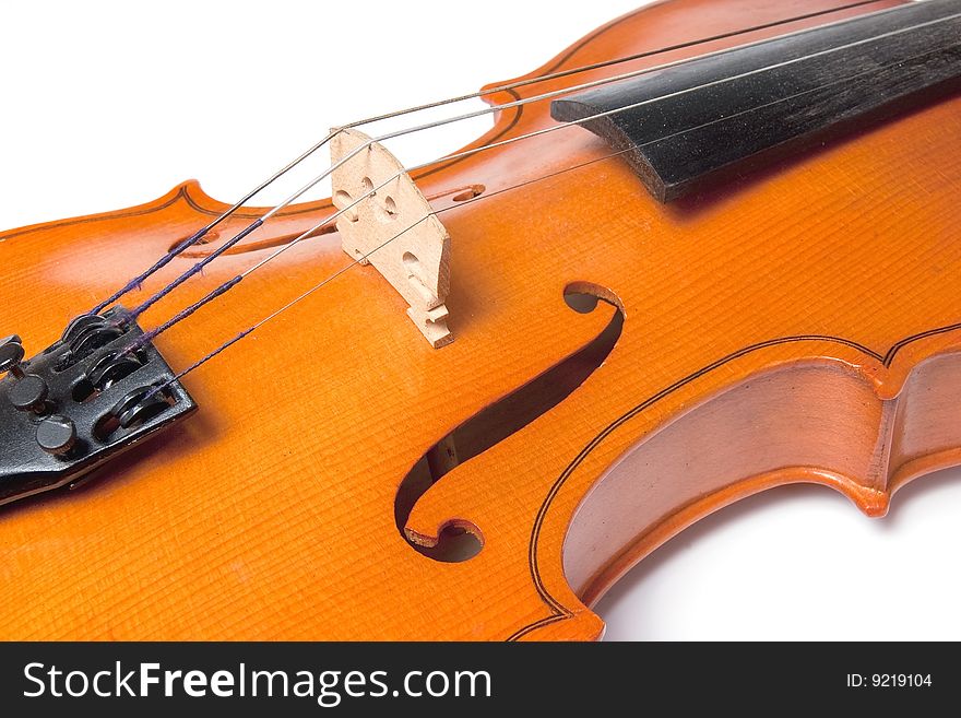 Detail of classical violin close up isolated on white background
