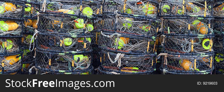 Stack of crab traps in panoramic format. Stack of crab traps in panoramic format.