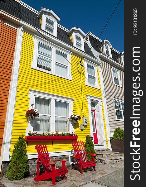 Brightly painted clapboard houses in the city of St John&#x27;s, Newfoundland, Canada.