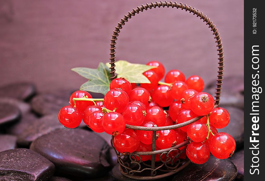 Red currant berries in a small metal basket. Red currant berries in a small metal basket.