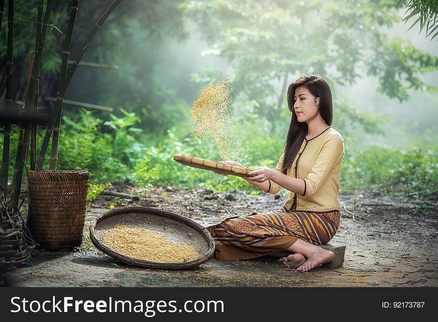 Portrait of Asian woman using bamboo trays to sift grains in jungle. Portrait of Asian woman using bamboo trays to sift grains in jungle.