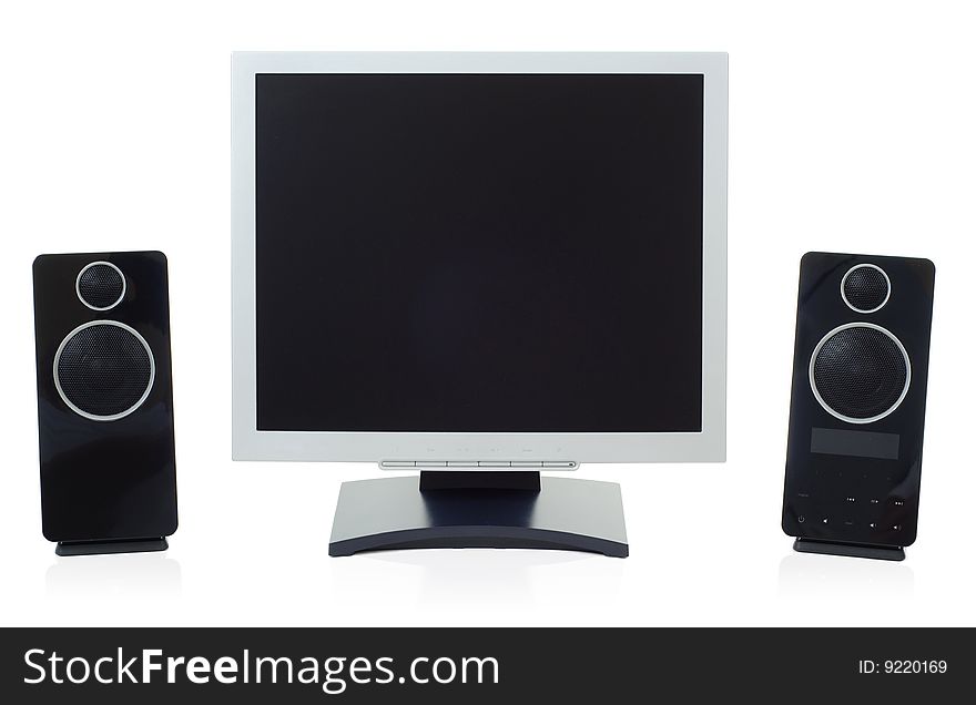 Modern Monitor and speakers on white background. Modern Monitor and speakers on white background