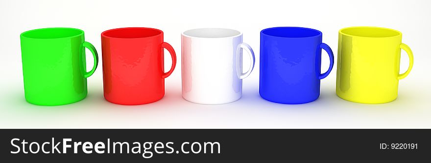 Colorful blank mugs, 3d render. Colorful blank mugs, 3d render