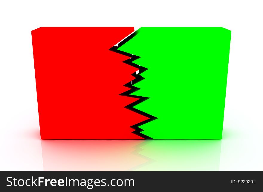 Big green and red block with a crack between. business concept. Big green and red block with a crack between. business concept