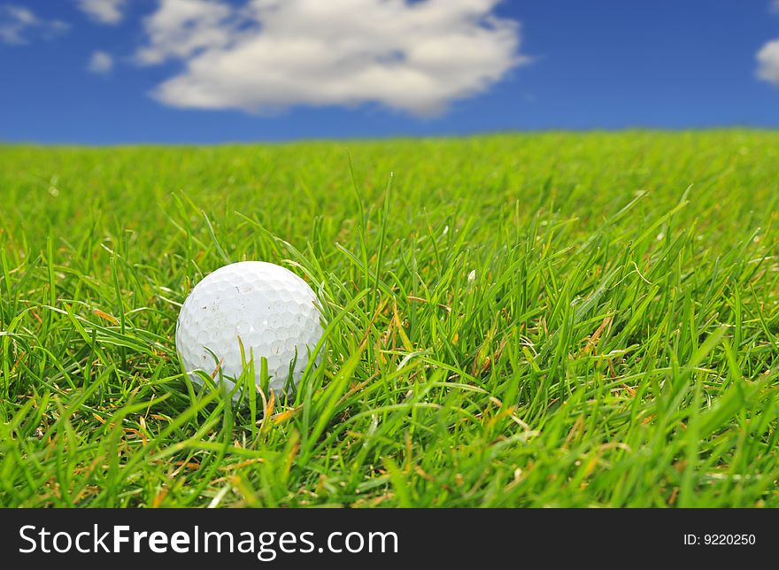 Golf ball in green grass with blue sky in the background. Golf ball in green grass with blue sky in the background