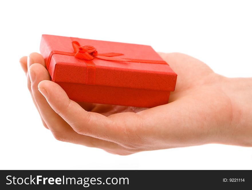 Man holding present on a white background
