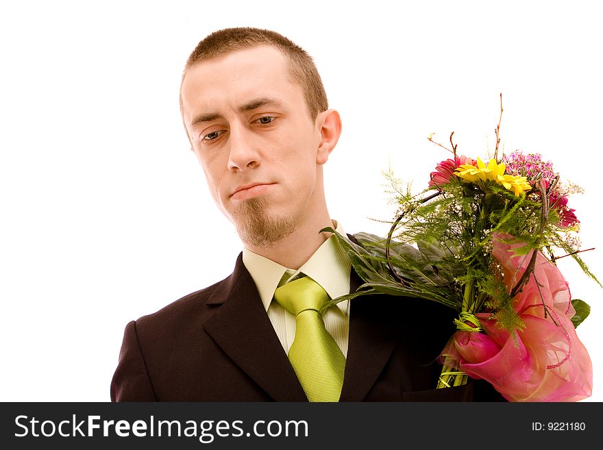 Man with flowers on white background