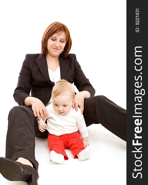 Businesswoman with baby on white