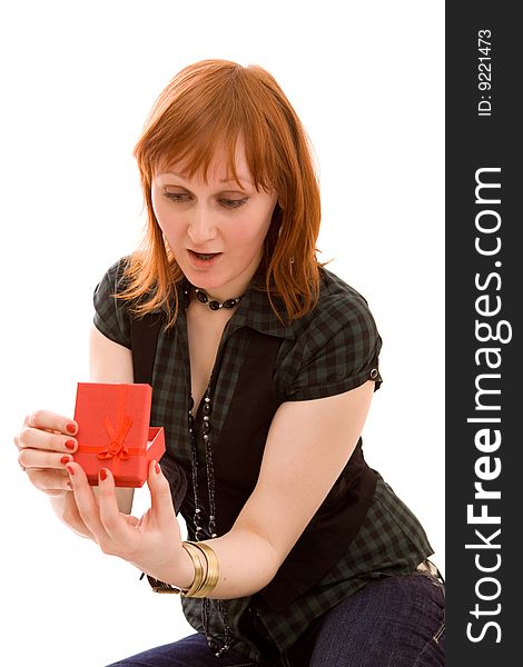 Woman with gift on white background