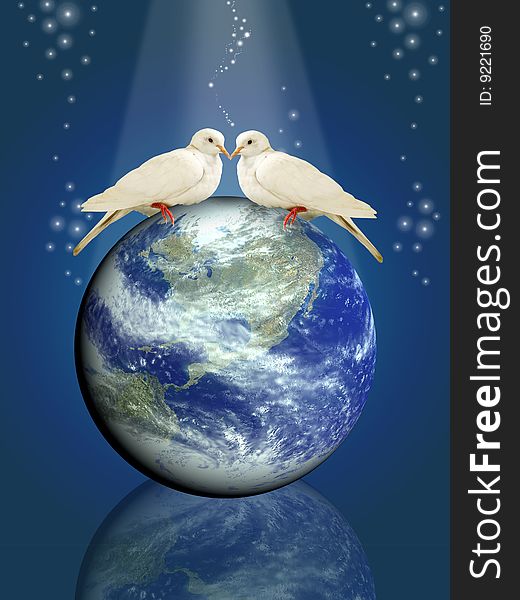 Pigeon standing on top of the Earth and ocean; computer generate image. Pigeon standing on top of the Earth and ocean; computer generate image